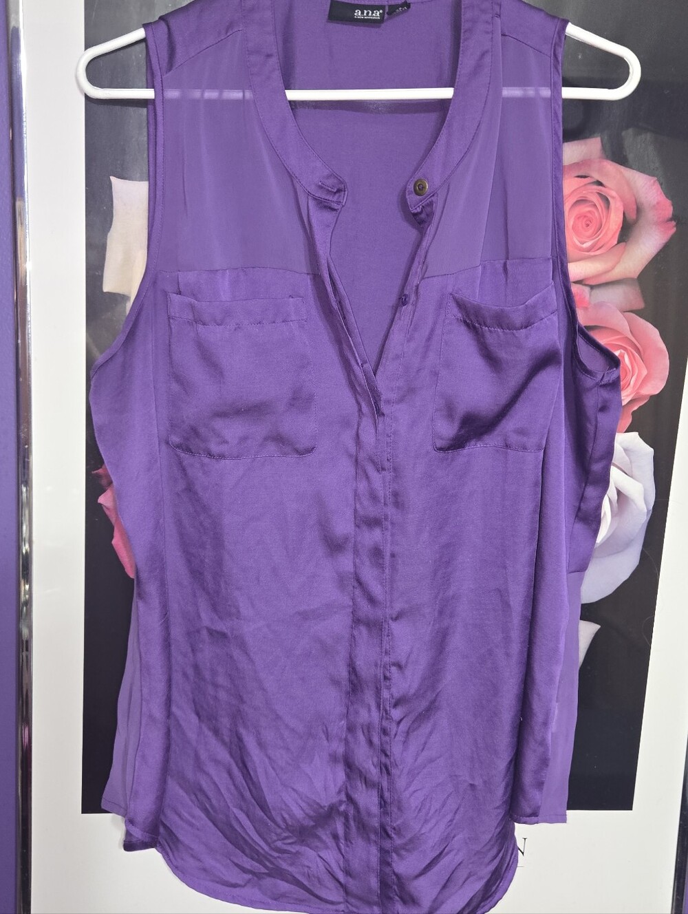 Ana Sheer Panel Sleeveless Button Up Top XL